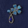 Brooch Flower with Blue Mother-of-Pearl, Crystal, Bead, Golden Metal 33x51mm