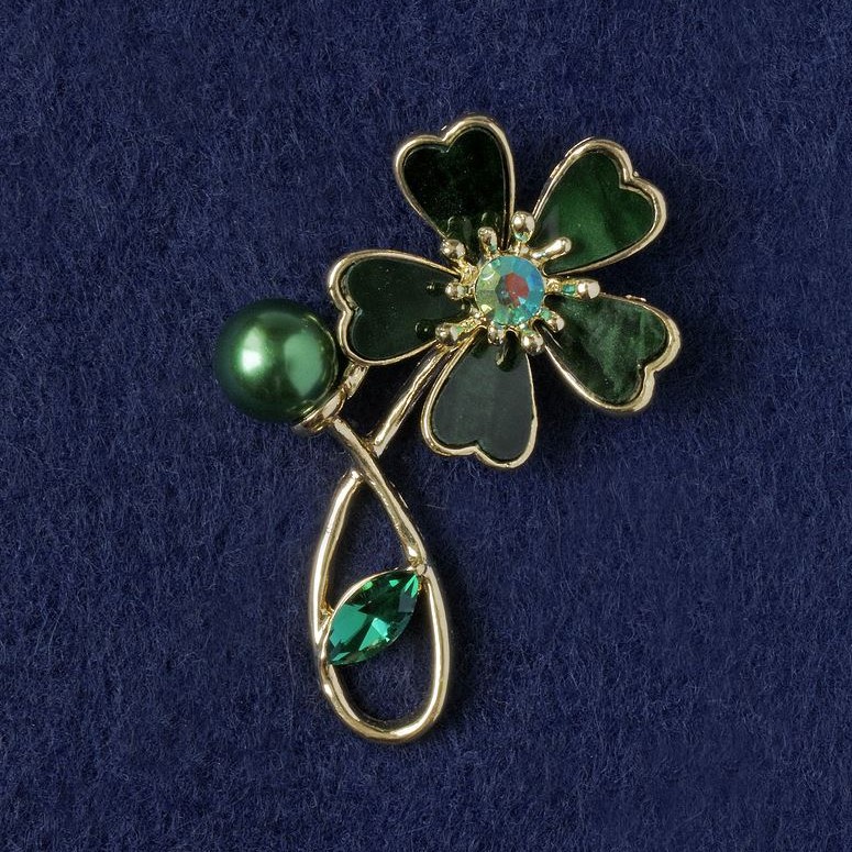 Brooch 'Flower' with green mother-of-pearl, crystal, bead, gold-toned metal 33x51 mm