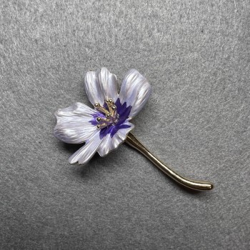 Cosmos Flower Brooch, Blue Enamel, Gold-Tone Metal, 34x52mm