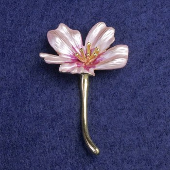 Brooch Cosmos Flower pink enamel, golden metal 34x52mm