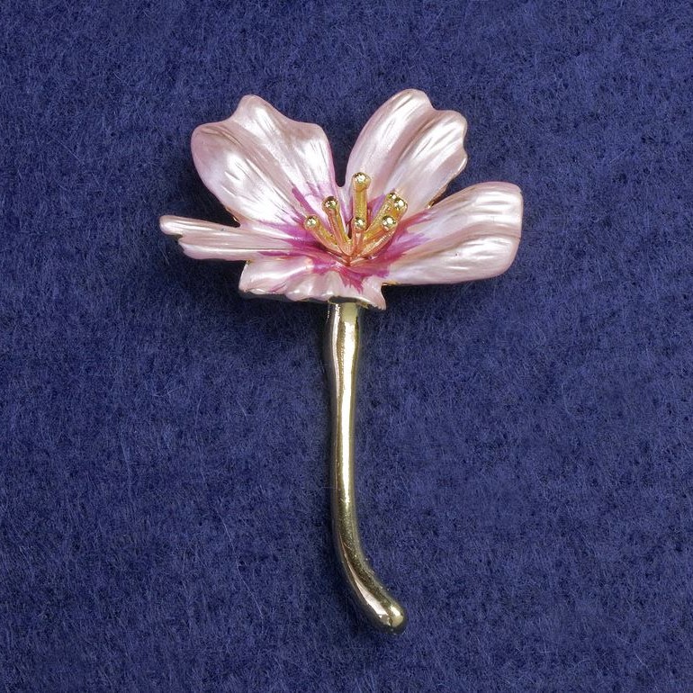 Brooch Cosmos Flower pink enamel, golden metal 34x52mm