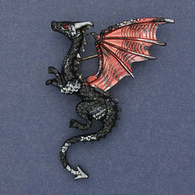 Dragon Brooch matte black and red enamel, gold-tone metal 42×66mm