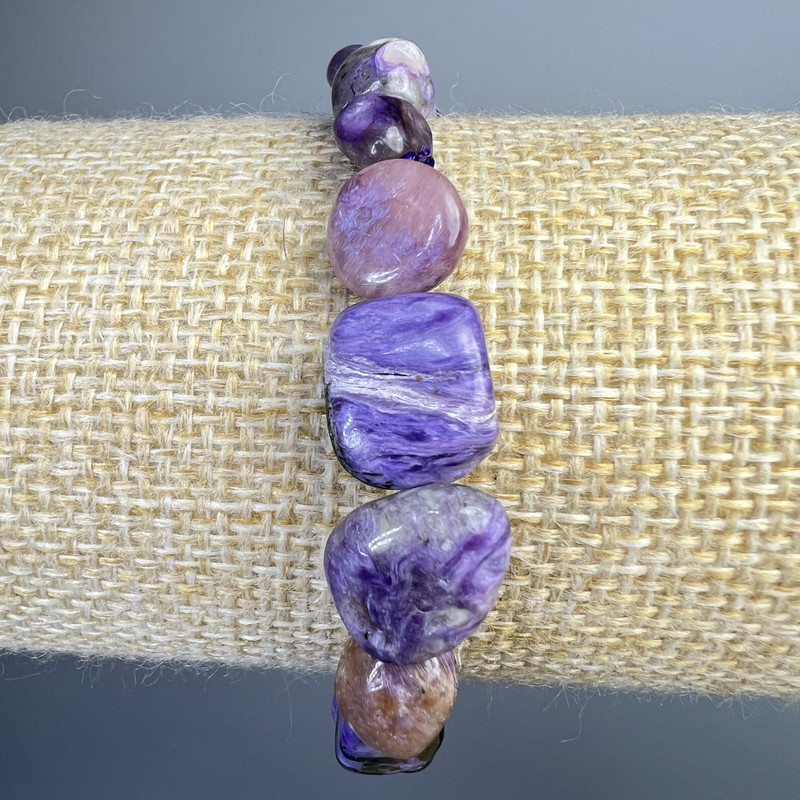Charoite Bracelet with Natural Stone, Large Faceted Beads, 9×12 mm Diameter, 18 cm Length (Stretch)
