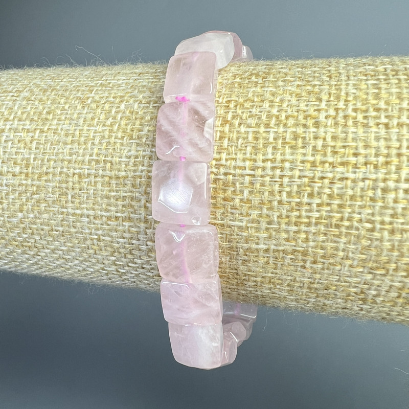 Pink Quartz Bracelet, natural stone, flat faceted cube beads, 9x9x5 mm, 5 mm ±, length 18 cm ± (stretch)