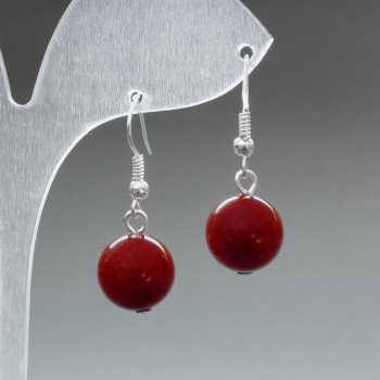 Earrings with red jasper imitation (acrylic) smooth ball, 12 mm diameter ±, 33 mm length ±
