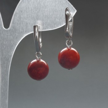 Earrings with imitation red jasper (imitation acrylic) smooth bead, diameter 12 mm ±, English clasp, length 33 mm ±