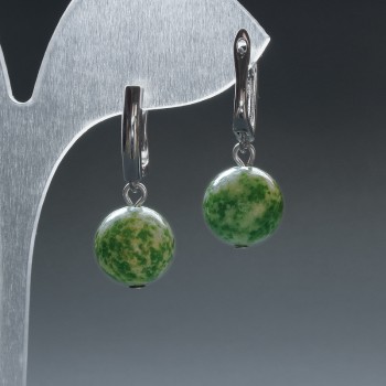 Moss Agate Earrings, Smooth Ball, 12.5 mm diameter, English clasp, 33 mm length