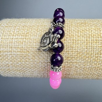 Bracelet of Sugilite and Rose Quartz (imitation acrylic), smooth beads, 8 mm diameter, 18 cm length (stretch) with inserts