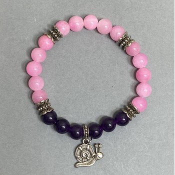 Bracelet of Sugilite and Rose Quartz (imitation acrylic), smooth beads, 8 mm diameter, 18 cm length (stretch) with inserts