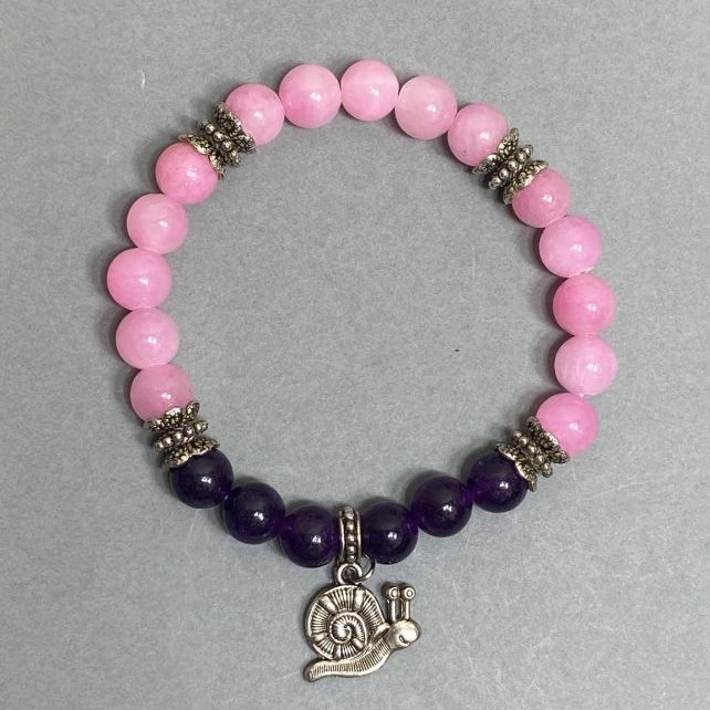 Bracelet of Sugilite and Rose Quartz (imitation acrylic), smooth beads, 8 mm diameter, 18 cm length (stretch) with inserts