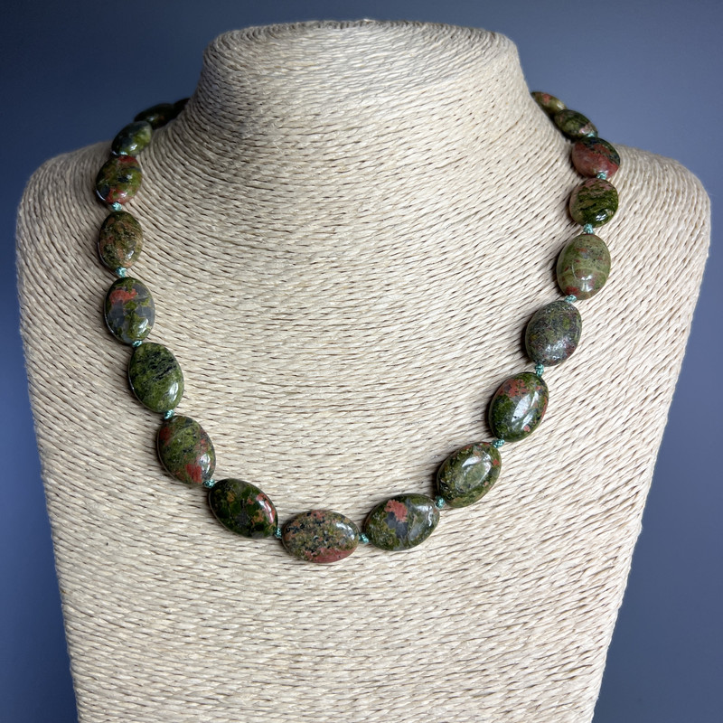 Bloodstone (Heliotrope) Jasper Necklace with Oval Natural Stones, approximately 13x18x6 mm, length 49 cm ±