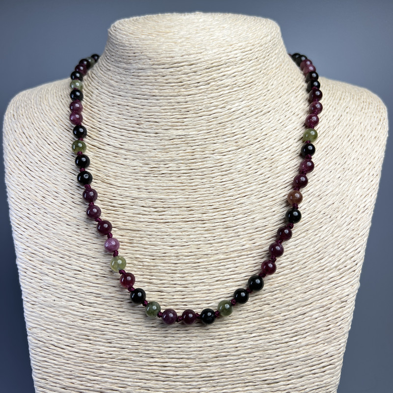 Tourmaline Necklace with natural stone, smooth beads, diameter 6.5 mm, length 50 cm