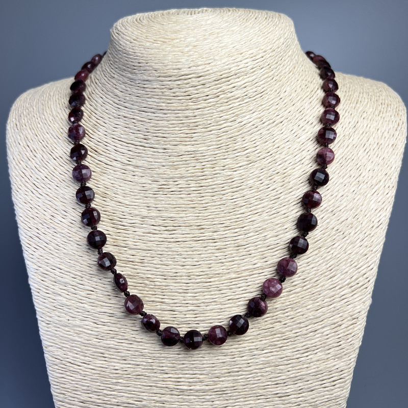 Necklace of Rubellite Tourmaline natural gemstone, faceted coin beads, 8×5 mm, length 50 cm
