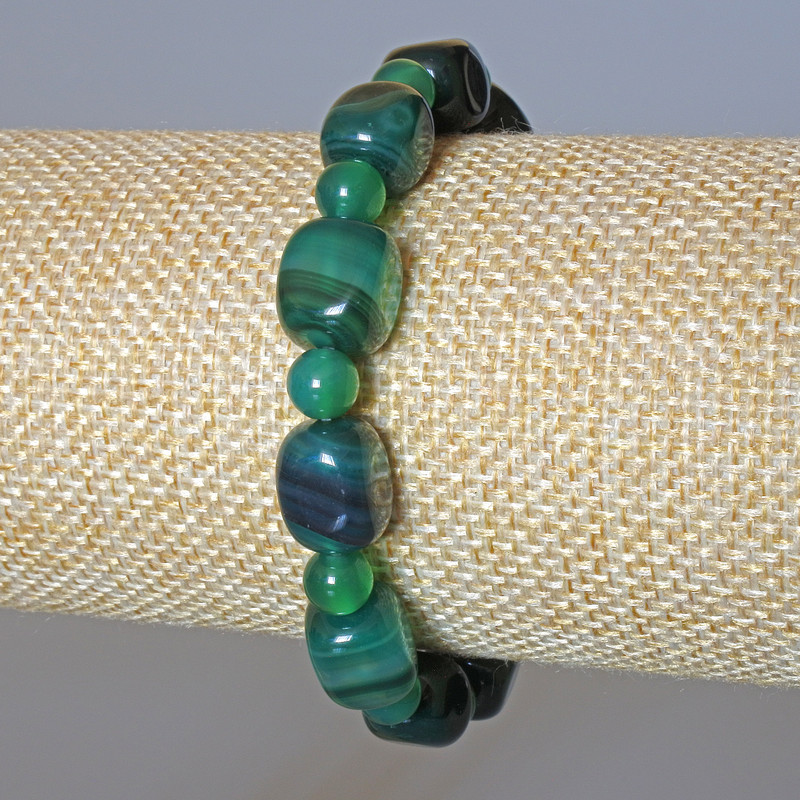 Green Agate Bracelet, natural stone, bar beads 9x12 mm ±, smooth round beads 6 mm ±, length 18 cm ± (stretch)
