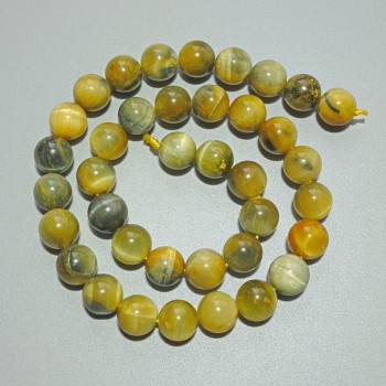 Yellow-Gray Cat's Eye Beads, Natural Stone, Smooth Round Beads, Diameter 10.5 mm, Length 39 cm on Thread