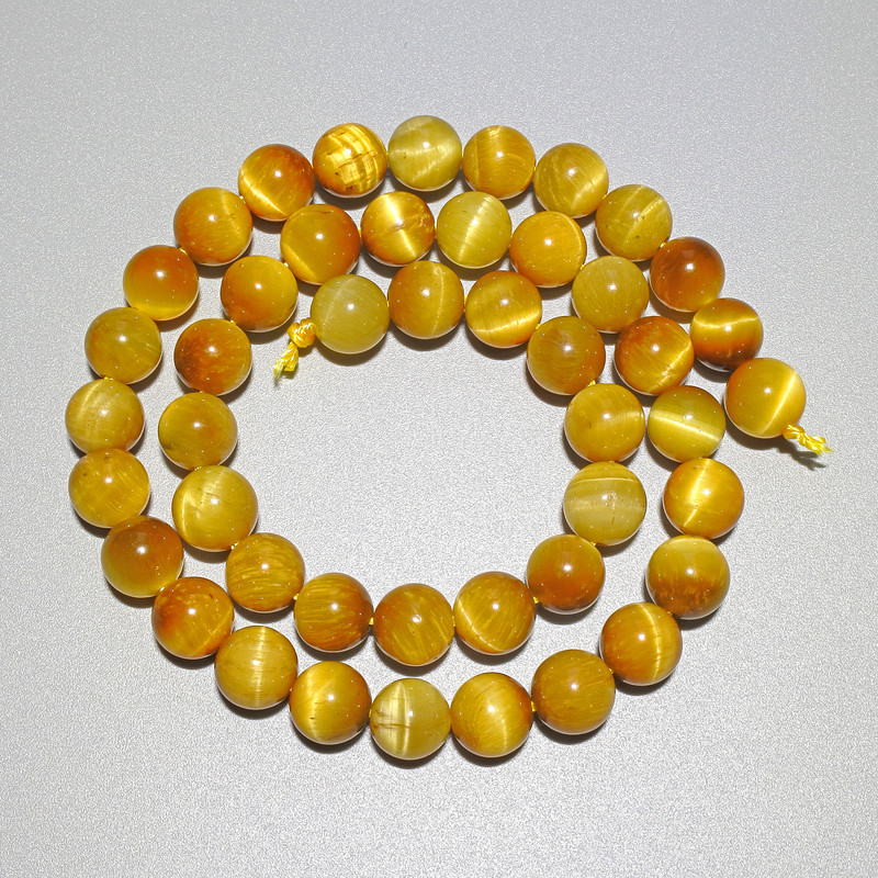 Yellow Cat's Eye Beads, Natural Stone, Smooth Round Bead, Diameter 8.5 mm, Length 38 cm on Thread