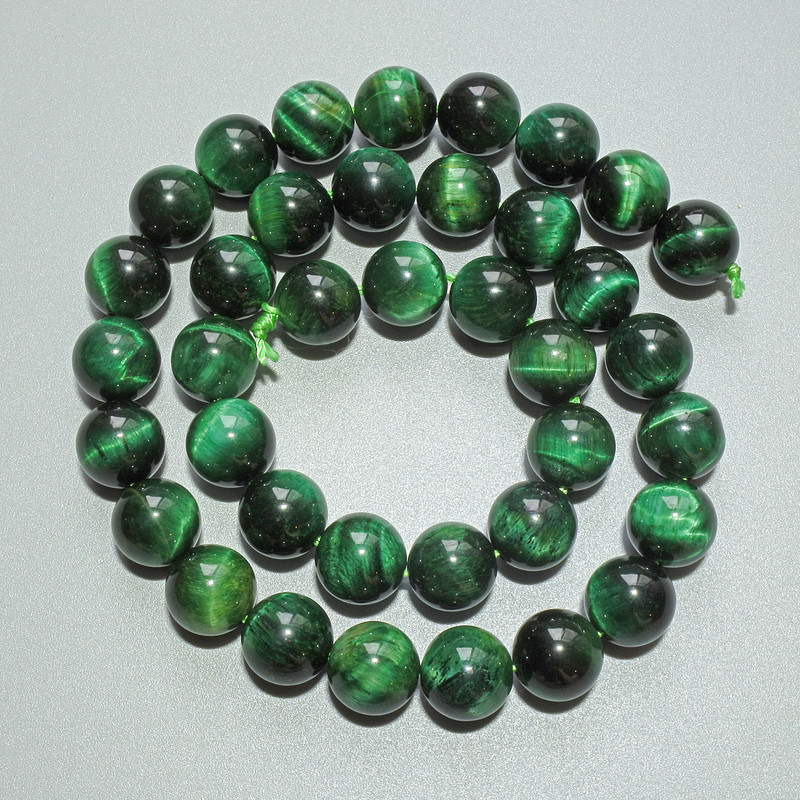 Green Cat's Eye Beads - natural stone, smooth round bead, 10mm diameter ±, 38cm length ± on thread