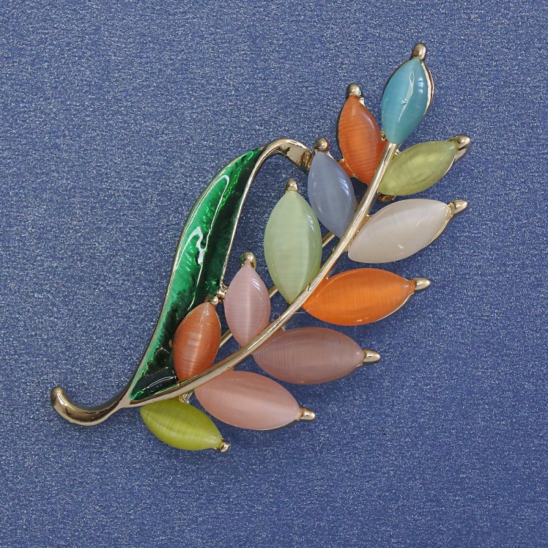 Brooch Sprig with Multicolor Cat's Eye, Green Enamel and Gold-Tone Metal 22x47mm