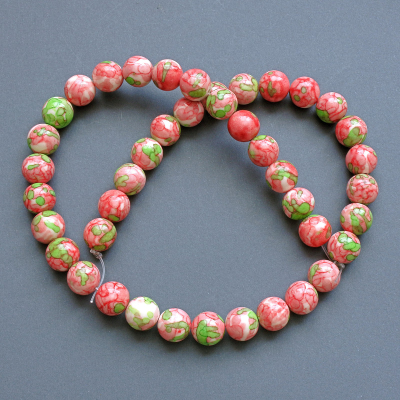 Beads 'Variscite' (acrylic imitation) pink, white and green smooth beads, 8.5 mm diameter, approximately 40 cm long on a thread