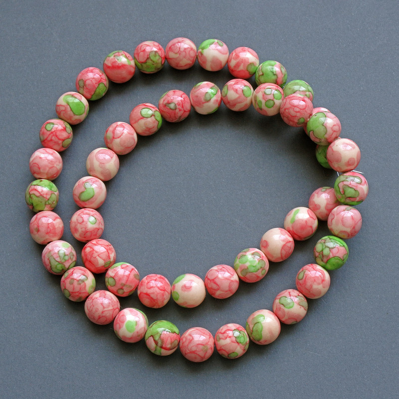 Beads 'Variscite' (imitation acrylic) pink, white and green smooth round beads, diameter about 10 mm, length about 40 cm on fishing line