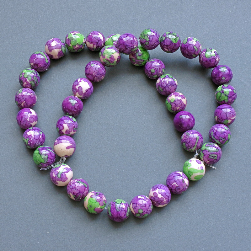 Beads "Variscite" (imitation acrylic) purple, white and green smooth beads, diameter 10.5 mm, length 40 cm on a thread