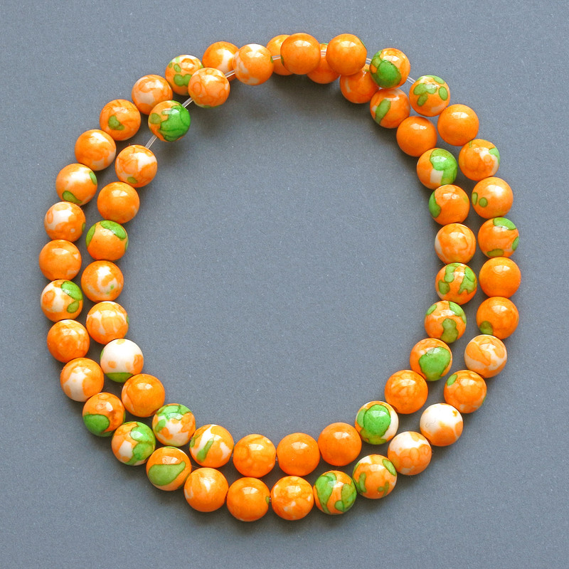 Beads 'Variscite' (acrylic imitation) green, orange and white, smooth beads, 7 mm diameter, 40 cm length on thread