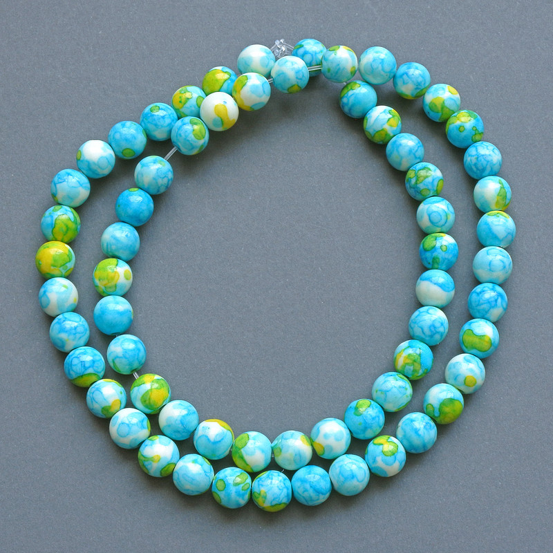 Beads 'Variscite' (acrylic imitation) blue, white and yellow smooth beads, 6.5 mm in diameter, approximately 39 cm long on a thread