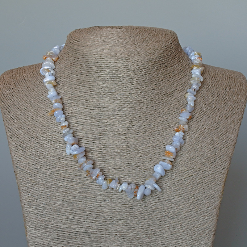 Blue Agate Necklace (Blue Chalcedony, Sapphirine) natural gemstone chips, diameter 8x3 mm, length 47 cm