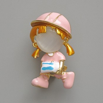 Brooch-pendant Girl with white cat's eye, pink and white enamel, gold-toned metal 19x31mm