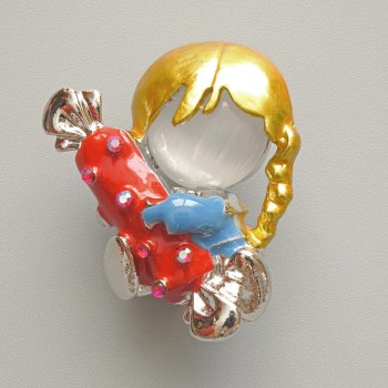 Brooch 'Girl with a Candy' with White Cat's Eye, red and blue enamel, chameleon crystals, silvery metal 25x30mm