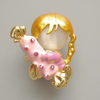 Brooch 'Girl with a Candy' White Cat's Eye, Pink and Purple Enamel, Chameleon Crystals, Gold-Tone Metal 25x30mm
