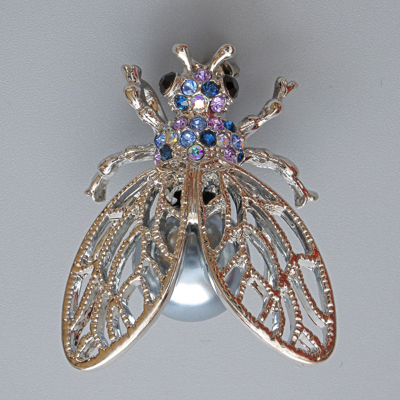 Butterfly Brooch-Pendant with Multicolored Crystals, Gray Bead, Silver-Tone Metal 26x33mm