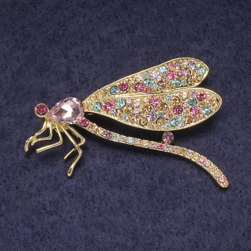 Butterfly brooch-pendant with pink crystal, multicolored rhinestones, gold-tone metal 55x35mm