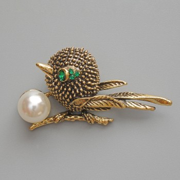 Bird Brooch-Pendant with Green Crystals, White Bead, Gold-Tone Metal 46x24 mm