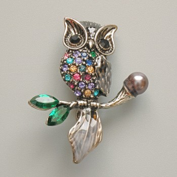 Brooch-pendant 'Owl' in black and gray enamel, multicolored crystals, black bead, silver-tone metal 31x38 mm