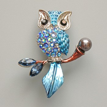 Owl brooch pendant with blue enamel, blue crystals, black bead, and silver-tone metal 31x38 mm