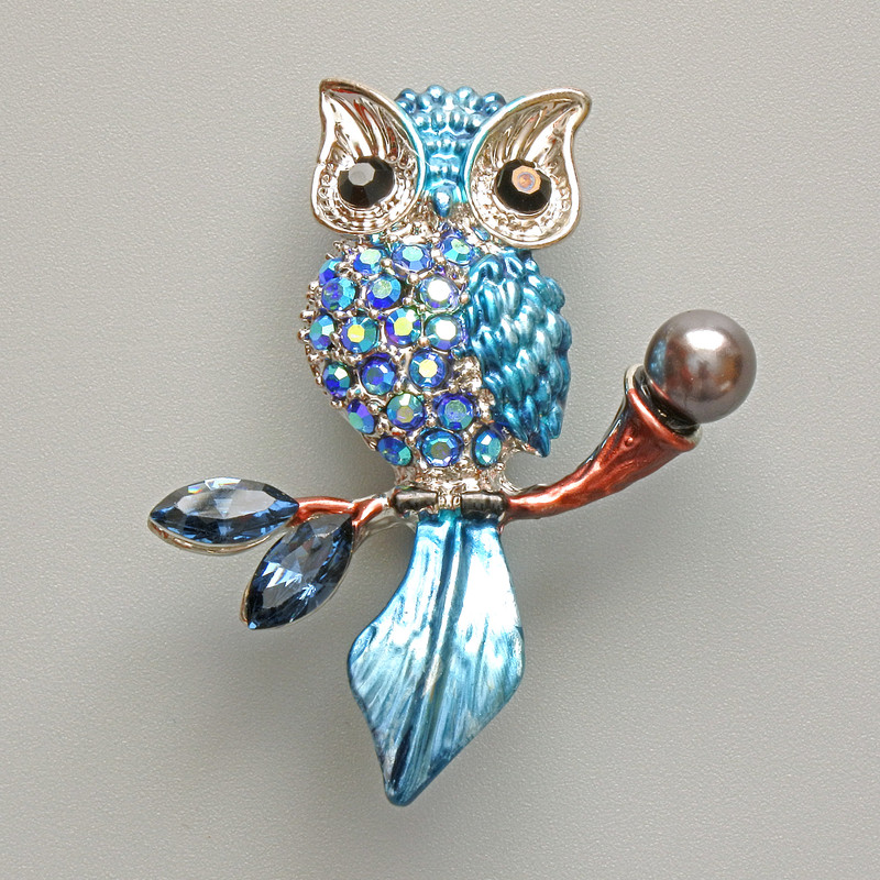 Owl brooch pendant with blue enamel, blue crystals, black bead, and silver-tone metal 31x38 mm