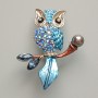 Owl brooch pendant with blue enamel, blue crystals, black bead, and silver-tone metal 31x38 mm