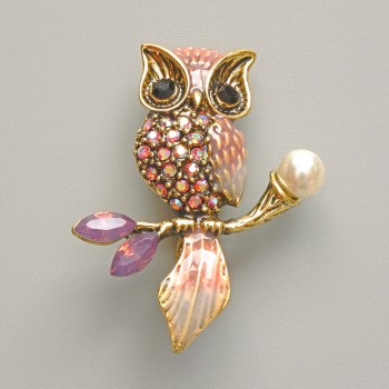 Owl brooch-pendant with pink enamel, pink crystals, white bead, gold-tone metal 31x38mm