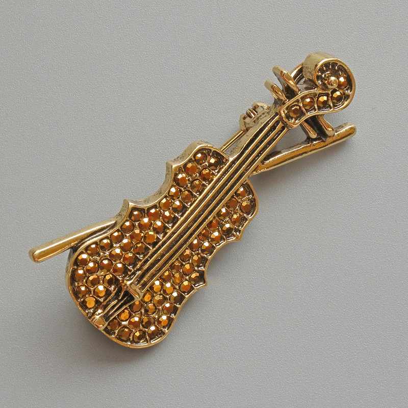 Brooch-pendant Violin with golden crystals, golden metal 20x45mm