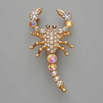 Brooch-pendant Scorpio with white crystals and chameleon crystals, gold-tone metal 28x54 mm
