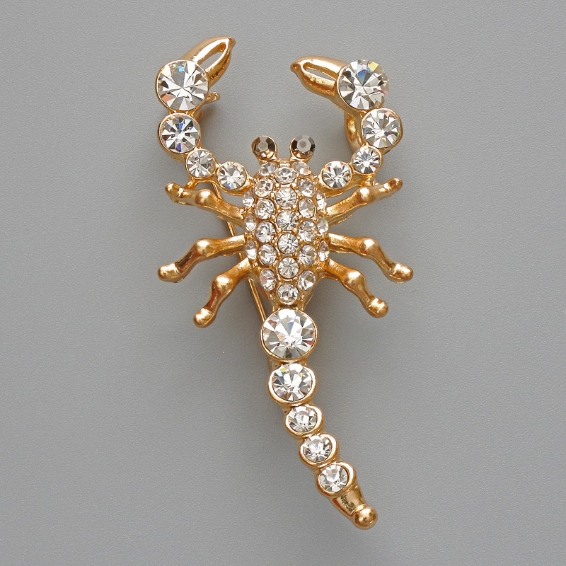 Scorpio Brooch Pendant with White Crystals, Gold-Tone Metal 28×54mm