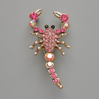 Scorpion Brooch Pendant with Pink Crystals, Silver-Tone Metal 28x54mm