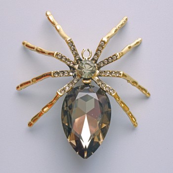 Brooch-pendant Spider with gray crystals, gray rhinestones, golden metal 56x64 mm