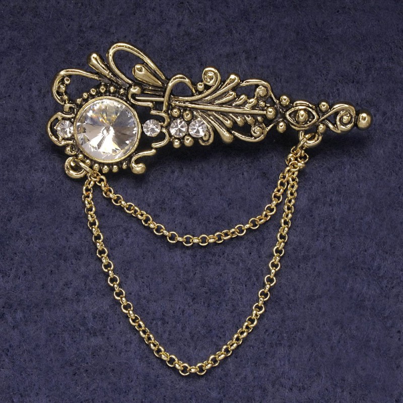 Accent Brooch with White Rhinestones and Crystal, Golden Metal 55×22 mm