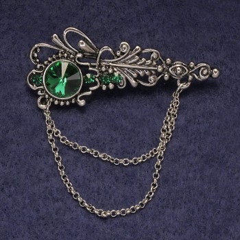 Accent Brooch with Green Rhinestones and Crystal, Silver Metal 55×22 mm
