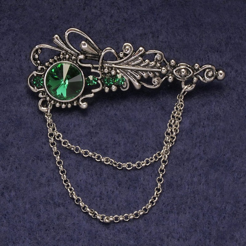 Accent Brooch with Green Rhinestones and Crystal, Silver Metal 55×22 mm