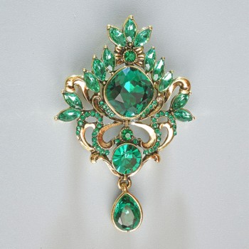 Accent brooch pendant with green crystals and rhinestones, gold-toned metal 40x58mm