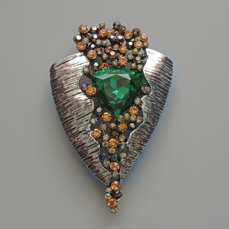 Accent Brooch-Pendant with Green Crystal, Black and Yellow Rhinestones, Silver-Colored Metal 41x65mm