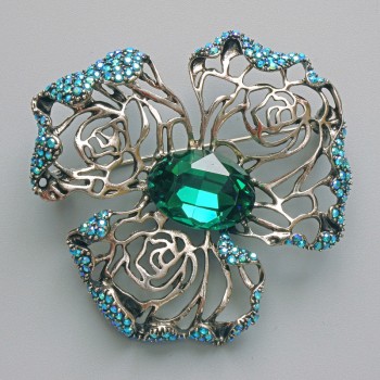 Brooch Pendant 'Flower' with Green Crystal, Blue Rhinestones, Silver-Tone Metal 51x51mm